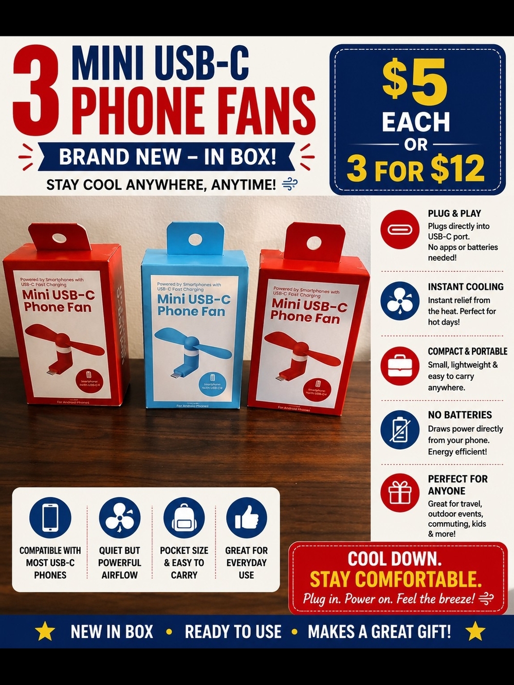 Mini USB-C Phone Fan (Red, Blue) - Portable Plug-In Cooling Accessory